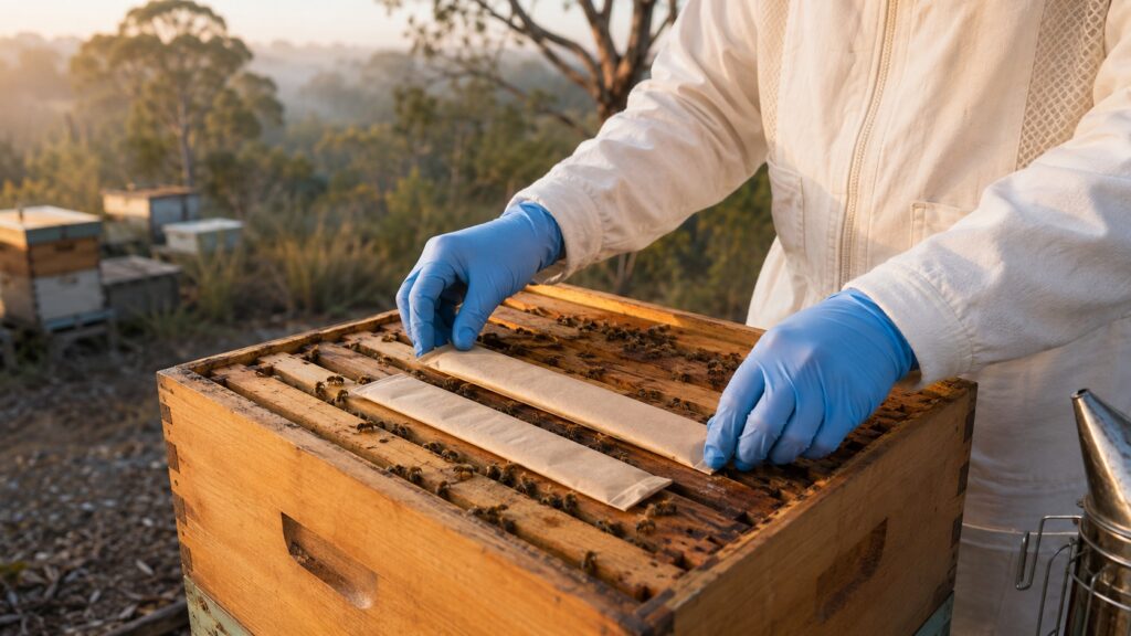 Beekeeper wearing protective gloves placing two Formic Pro strips across brood-box frames in the morning